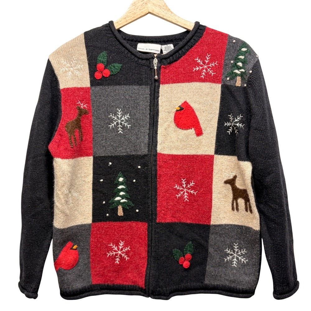 Croft & Barrow Womens Christmas Cardigan S Full Zip Patchwork Embroidered Black